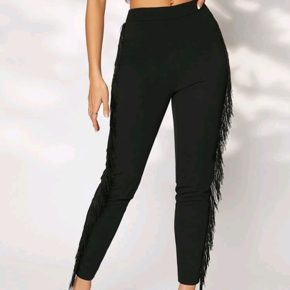 NEW BLACK FRINGE TRIM PANTS - Picture 5 of 8